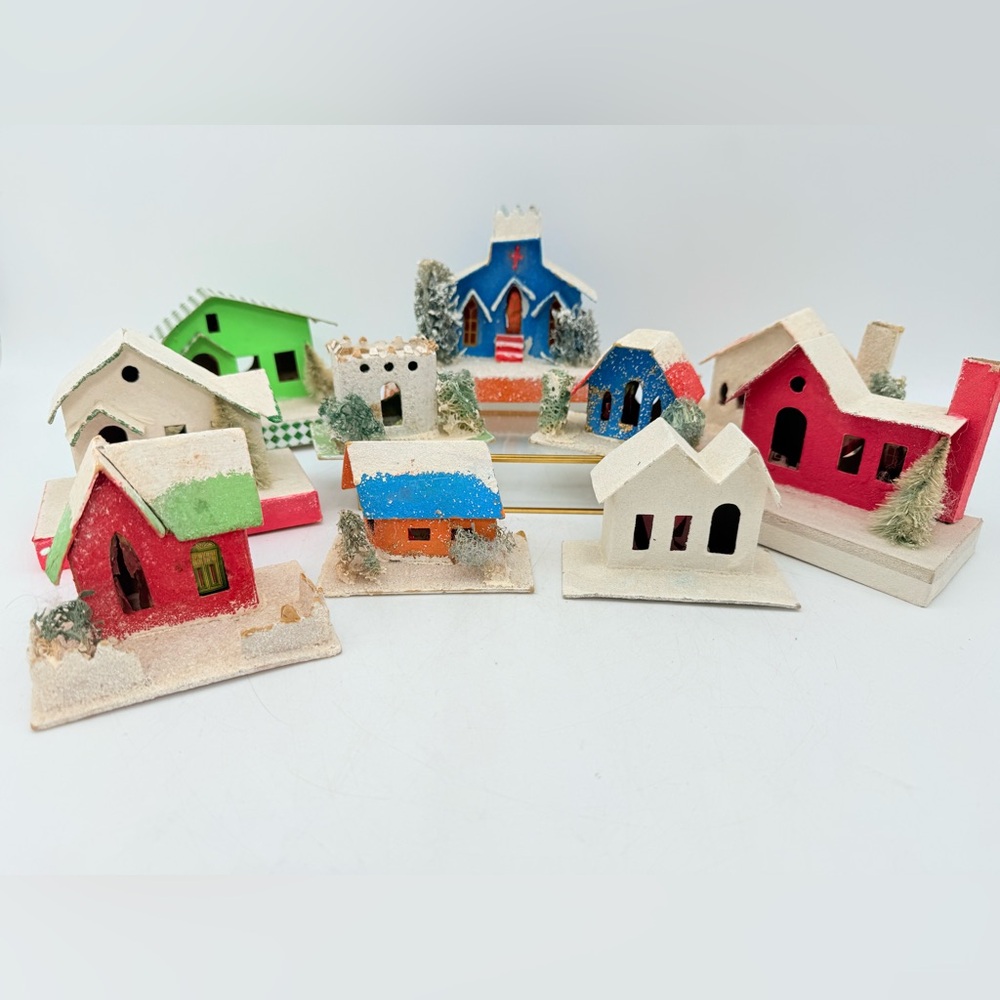 Vintage Putz Village Set, Mica Houses, Japan Christmas, collectible Putz homes